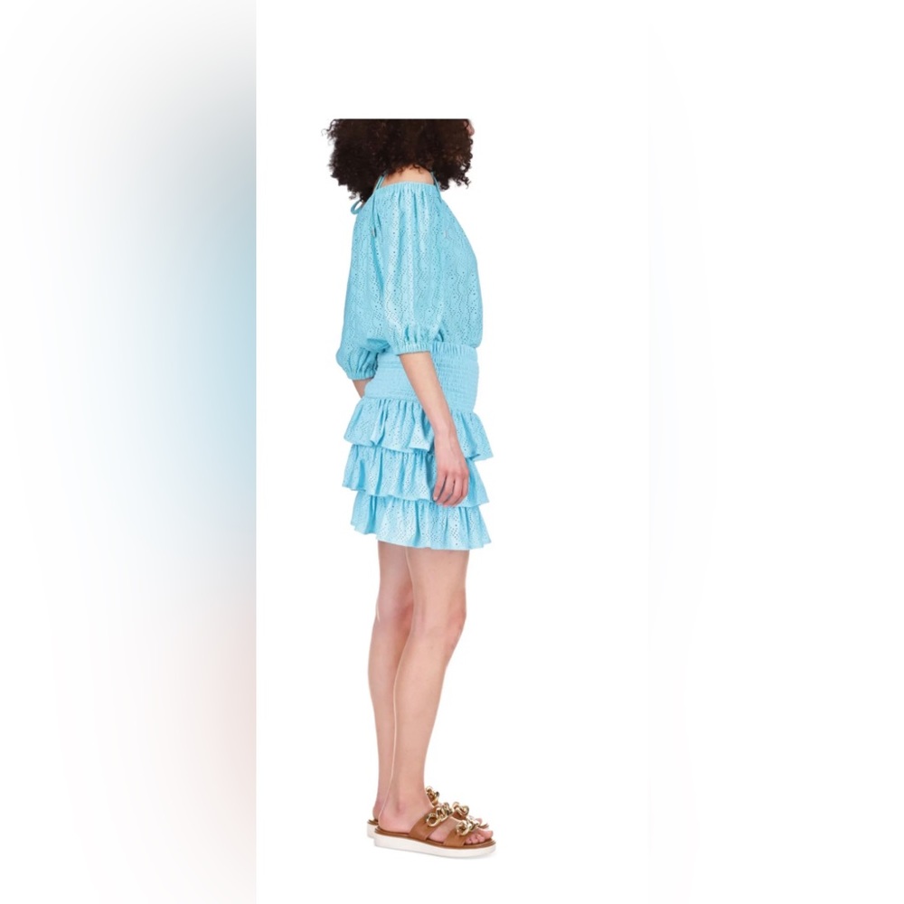 MICHAEL KORS Womens Turquoise Eyelet Smocked Tiered Lined Ruffled Pull On